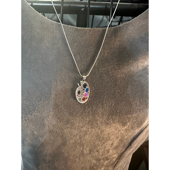 Silver and Opal Artist Palette Pendant on Stainless Steel Chain - Picture 2 of 10